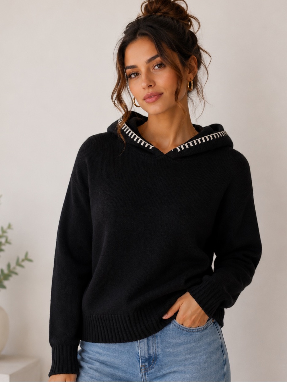 008..New Black Hooded Knit Sweater with Contrast Trim %100 viscose